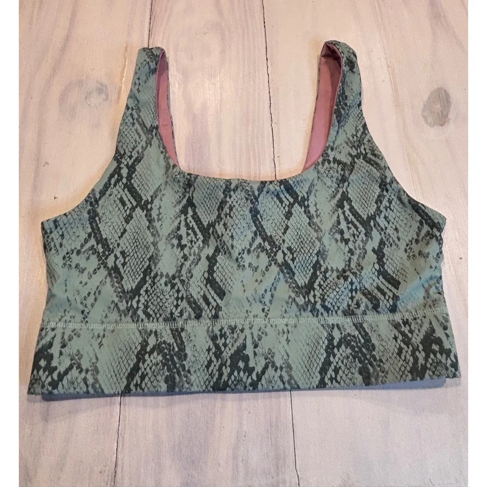 Fabletics Reversible Sports Bra Green Snakeskin Mauve Pink L Yoga Athleisure